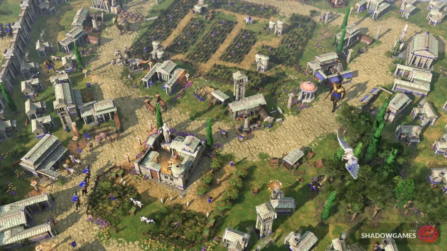 شهر یونانی با مزرعه ها و اسب بالدار سفید در بازی Age of Mythology: Retold