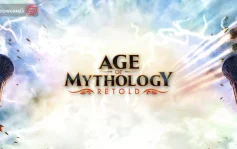 کاور بازی Age of Mythology: Retold با لوگوی رسمی بازی روی آسمان طوفانی و صاعقه