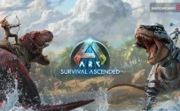 کاور بازی ARK: Survival Ascended با لوگوی رسمی بازی روی دو دایناسور با سوارکار در ساحل
