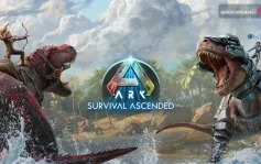 کاور بازی ARK: Survival Ascended با لوگوی رسمی بازی روی دو دایناسور با سوارکار در ساحل