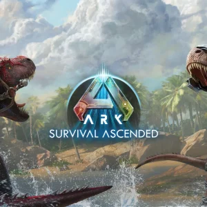 کاور بازی ARK: Survival Ascended با لوگوی رسمی بازی روی دو دایناسور با سوارکار در ساحل