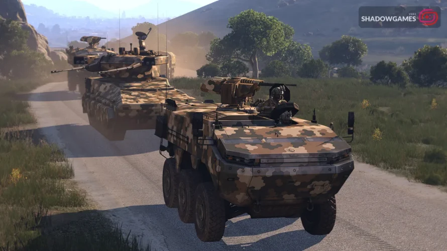 ستون خودروهای زرهی استتار شده روی جاده در بازی Arma 3