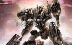 کاور بازی ARMORED CORE VI FIRES OF RUBICON با لوگوی رسمی بازی روی ربات جنگی فرسوده