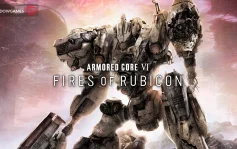 کاور بازی ARMORED CORE VI FIRES OF RUBICON با لوگوی رسمی بازی روی ربات جنگی فرسوده