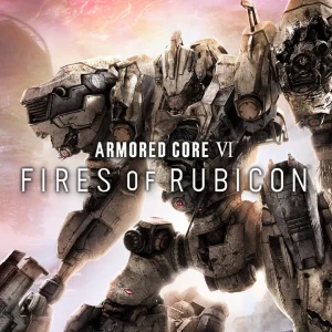 کاور بازی ARMORED CORE VI FIRES OF RUBICON با لوگوی رسمی بازی روی ربات جنگی فرسوده