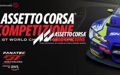 کاور بازی Assetto Corsa Competizione با لوگوی رسمی بازی روی خودروی مسابقه ای آبی و زرد