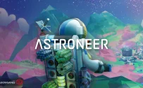کاور بازی ASTRONEER با لوگوی رسمی بازی روی فضانورد و پایگاهی در دشت رنگارنگ