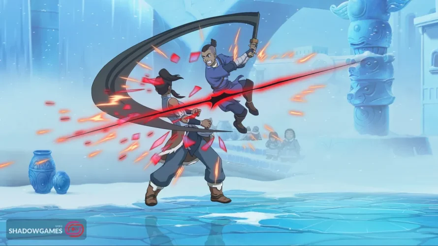 نبرد دو مبارز روی یخ در شهری برفی در بازی Avatar Legends: The Fighting Game