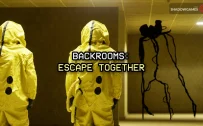 کاور بازی Backrooms: Escape Together با لوگوی رسمی بازی روی دو بازیکن زردپوش و موجودی سیاه