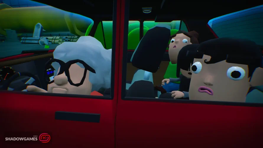 مادربزرگ عینکی پشت فرمان ماشین قرمز با مسافران نگران در بازی Backseat Drivers