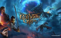 کاور بازی Baldur's Gate 3 با لوگوی رسمی بازی روی قهرمانان و اژدهایان در آسمان طوفانی