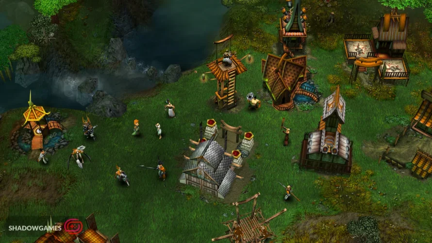 روستایی سرسبز با برج دیده بانی کنار رودخانه در بازی آنلاین Battle Realms: Zen Edition