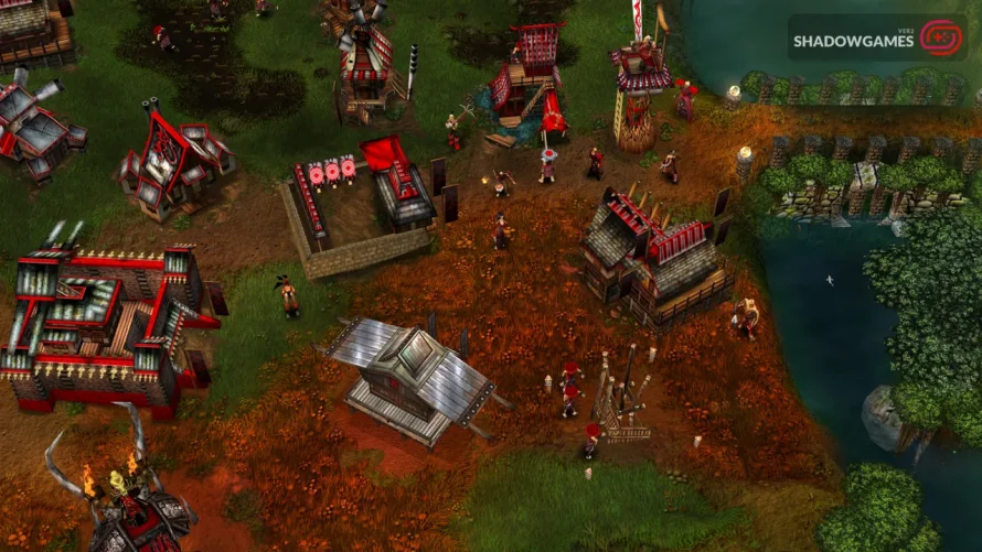ساختمان های سرخ و میدان تیراندازی با سیبل کنار رودخانه در بازی Battle Realms: Zen Edition