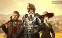 کاور بازی Bellwright با لوگوی رسمی بازی روی شوالیه زره پوش و دو روستایی