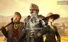 کاور بازی Bellwright با لوگوی رسمی بازی روی شوالیه زره پوش و دو روستایی