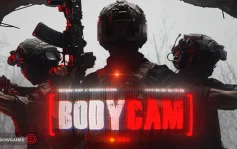 کاور بازی Bodycam با لوگوی رسمی بازی روی سه سرباز مسلح در جنگلی مه آلود