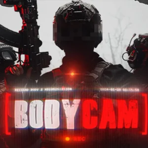 کاور بازی Bodycam با لوگوی رسمی بازی روی سه سرباز مسلح در جنگلی مه آلود
