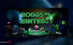 کاور بازی Bogos Binted? با لوگوی رسمی بازی روی دو آدم فضایی دور میز کارت