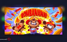 کاور بازی BOMBANANA! با لوگوی رسمی بازی روی سه میمون، دینامیت و موزهای پرنده