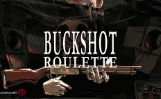 کاور بازی Buckshot Roulette با لوگوی رسمی بازی روی چهره ای ترسناک و شاتگان