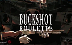 کاور بازی Buckshot Roulette با لوگوی رسمی بازی روی چهره ای ترسناک و شاتگان