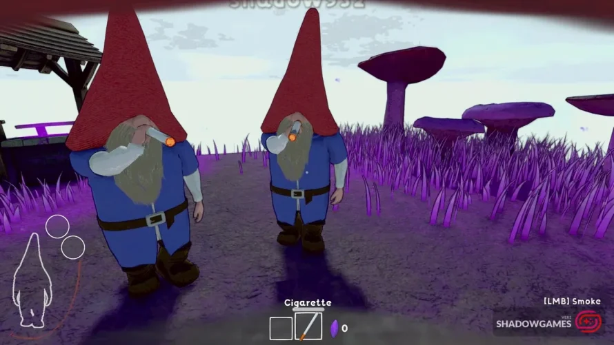دو کوتوله با کلاه قرمز میان علف ها و قارچ های بنفش در بازی Burglin' Gnomes