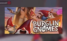 کاور بازی Burglin' Gnomes با لوگوی رسمی بازی روی کوتوله های کلاه قرمز و مردی عصبانی