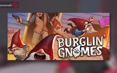 کاور بازی Burglin' Gnomes با لوگوی رسمی بازی روی کوتوله های کلاه قرمز و مردی عصبانی