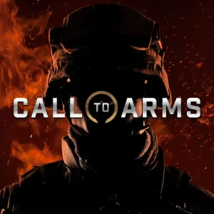 کاور بازی Call to Arms با لوگوی رسمی بازی روی سایه سربازی میان شعله ها