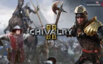کاور بازی Chivalry 2 با لوگوی رسمی بازی روی شوالیه زره پوش و کماندار