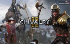 کاور بازی Chivalry 2 با لوگوی رسمی بازی روی شوالیه زره پوش و کماندار