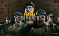 کاور بازی Commandos: Origins با لوگوی رسمی بازی روی چهره شش کماندو جلوی نقشه جنگی