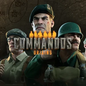 کاور بازی Commandos: Origins با لوگوی رسمی بازی روی چهره شش کماندو جلوی نقشه جنگی