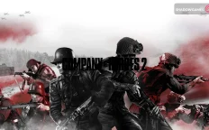 کاور بازی Company of Heroes 2 با لوگوی رسمی بازی روی سربازان مسلح میان دود قرمز