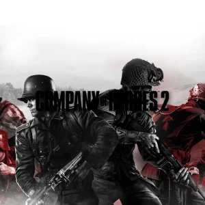 کاور بازی Company of Heroes 2 با لوگوی رسمی بازی روی سربازان مسلح میان دود قرمز