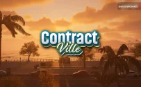 کاور بازی ContractVille با لوگوی رسمی بازی روی ساحل و نخل ها در غروب آفتاب