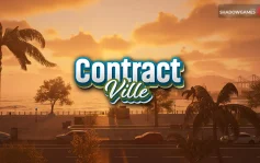 کاور بازی ContractVille با لوگوی رسمی بازی روی ساحل و نخل ها در غروب آفتاب