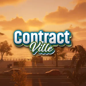 کاور بازی ContractVille با لوگوی رسمی بازی روی ساحل و نخل ها در غروب آفتاب