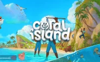 کاور بازی Coral Island با لوگوی رسمی بازی روی ساحلی آفتابی و صخره های سرسبز