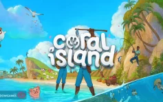 کاور بازی Coral Island با لوگوی رسمی بازی روی ساحلی آفتابی و صخره های سرسبز