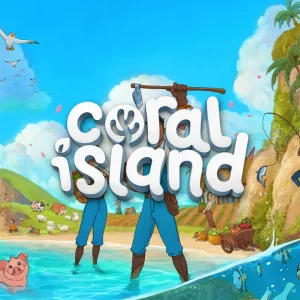کاور بازی Coral Island با لوگوی رسمی بازی روی ساحلی آفتابی و صخره های سرسبز