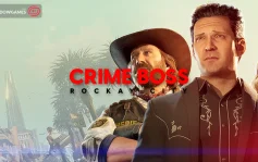 کاور بازی Crime Boss: Rockay City با لوگوی رسمی بازی روی کلانتر و مردی کت پوش