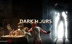 کاور بازی Dark Hours با لوگوی رسمی بازی روی دو سارق نقاب دار و هیولای بلندقد