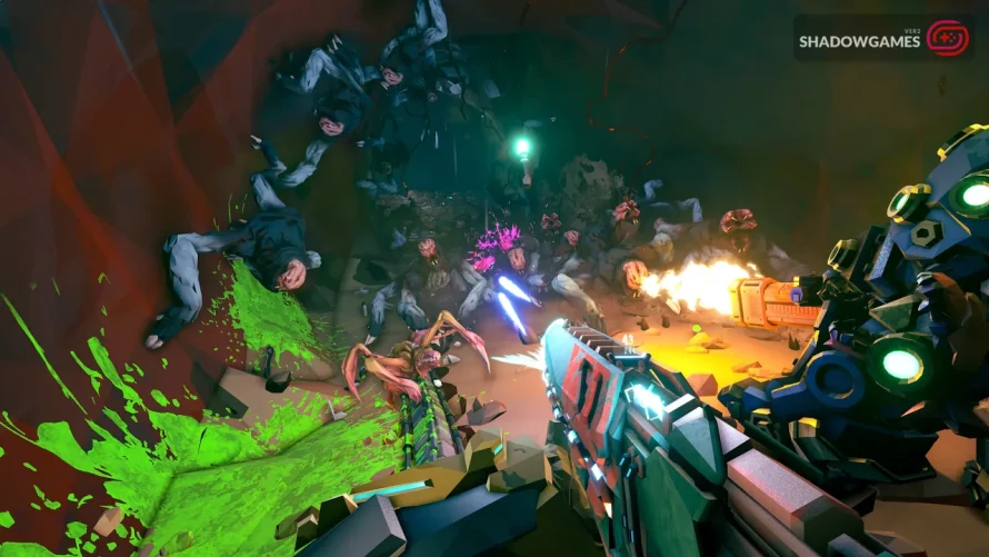 شلیک به انبوه موجودات بیگانه در غار در بازی آنلاین Deep Rock Galactic: Rogue Core