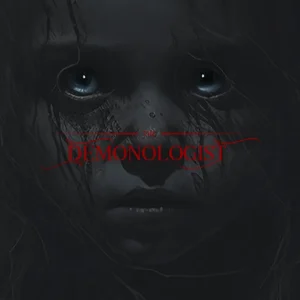 کاور بازی Demonologist با لوگوی رسمی بازی روی چهره رنگ پریده دختری با چشمان آبی