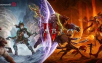 کاور بازی Diablo IV با لوگوی رسمی بازی روی قهرمانان در نبرد با شیاطین آتشین