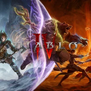 کاور بازی Diablo IV با لوگوی رسمی بازی روی قهرمانان در نبرد با شیاطین آتشین