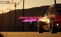 کاور بازی Drive Beyond Horizons با لوگوی رسمی بازی روی خودرویی کلاسیک در جاده هنگام غروب