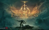 کاور بازی ELDEN RING با لوگوی رسمی بازی روی جنگجوی زانو زده در مه