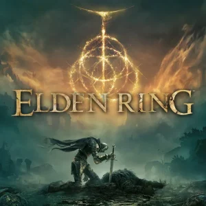 کاور بازی ELDEN RING با لوگوی رسمی بازی روی جنگجوی زانو زده در مه